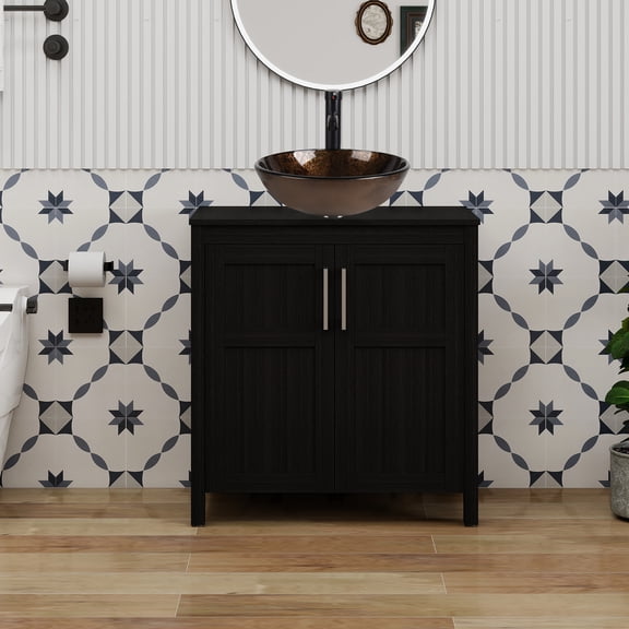 FULLWATT 30 Inches Bathroom Vanity in Black Finish with Round Glass Vessel Sink, Single Bathroom Vanity with Top, 2-Door Cabinet