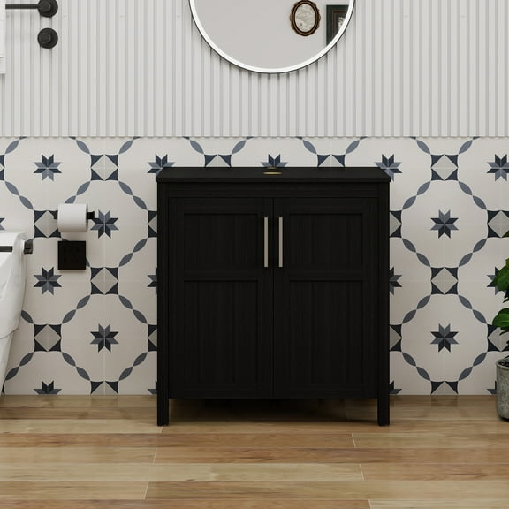 FULLWATT 30 Inches Traditional Bathroom Vanity in Black Finish, Single Bathroom Vanity with Top and 2-Door Cabinet