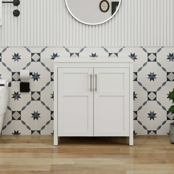 FULLWATT 30 Inches Traditional Bathroom Vanity in White Finish, Single Bathroom Vanity with Top and 2-Door Cabinet