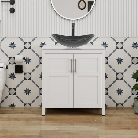 FULLWATT 30 Inches Traditional Bathroom Vanity in White Finish with Glass Boat-Shaped Vessel Sink, Single Bathroom Vanity with Top, 2-Door Cabinet