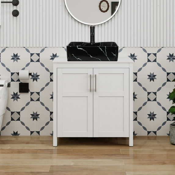 FULLWATT 30 Inches Traditional Bathroom Vanity in White Finish with Square Ceramic Vessel Sink, Single Bathroom Vanity with Top, 2-Door Cabinet