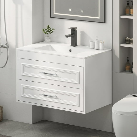 FULLWATT 30" White Single Bathroom Vanity Set - Floating Wall Mounted Cabinet, Modern Style Vanity Combo