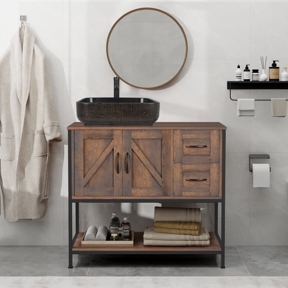 FULLWATT 36"Bathroom Vanity With Single Sink Combo, Modern Bathroom Sink Cabinet With 2 Drawers and a Tip-Out Drawer, Freestanding Bathroom Vanities with Ceramic Sink,Solid Wood Frame