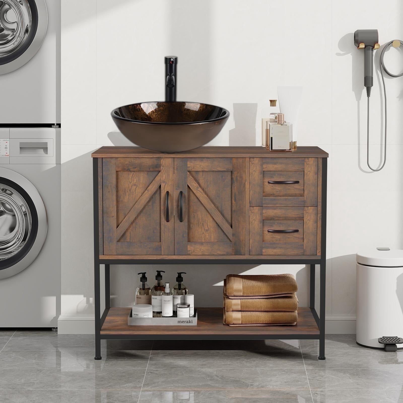 FULLWATT 36"Bathroom Vanity With Single Sink Combo, Modern Bathroom Sink Cabinet With 2 Drawers and a Tip-Out Drawer, Freestanding Bathroom Vanities with Ceramic Sink,Solid Wood Frame