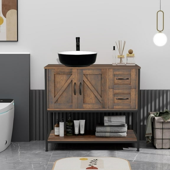 FULLWATT 36"Bathroom Vanity With Single Sink Combo, Modern Undermount Bathroom Sink Cabinet With 2 Drawers and a Tip-Out Drawer, Freestanding Bathroom Vanities with Ceramic Sink,Solid Wood Frame