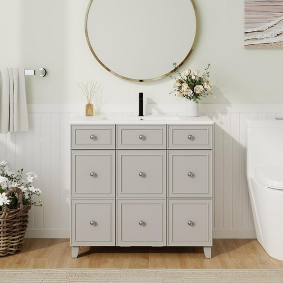 FULLWATT 36" Bathroom Vanity with Single Sink, Painted Surface Solid Wood Frame Bathroom Vanities with 3 Drawers & Tip-Out Drawer & Fabric Storage, Modern Bathroom Sink Cabinet with Ceramic Sink