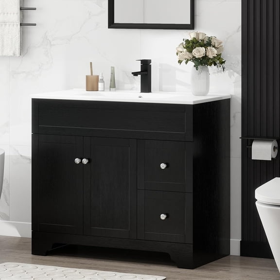 FULLWATT 36" Bathroom Vanity with Sink Combo, Modern Bathroom Storage Vanities Set with 2 Drawers and 1 Soft Closing Door, Ceramic Undermount Sink, Without Faucet, Black