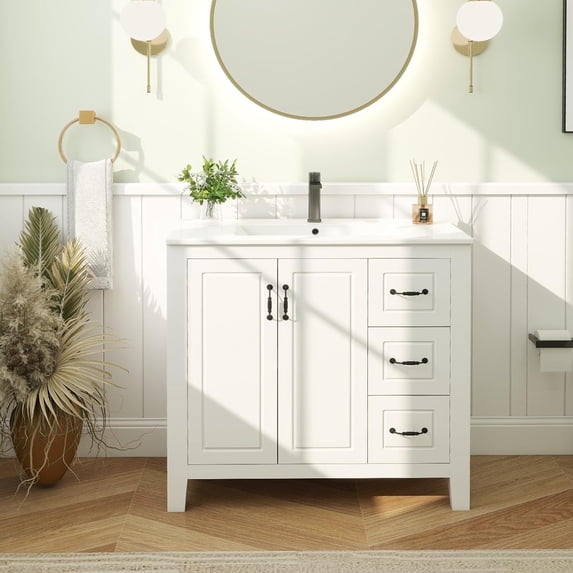 FULLWATT 36" Bathroom Vanity with Sink Combo, Single Sink Bathroom Vanity with 3 Drawers and 2 Soft Close Doors, Freestanding Bathroom Vanity with Ceramic Sink, White