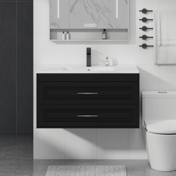 FULLWATT 36" Floating Bathroom Vanity with Sink, Painted Surface Wall Mounted Bathroom Vanity Cabinet, Soft Closing System, Ceramic Sink, Black