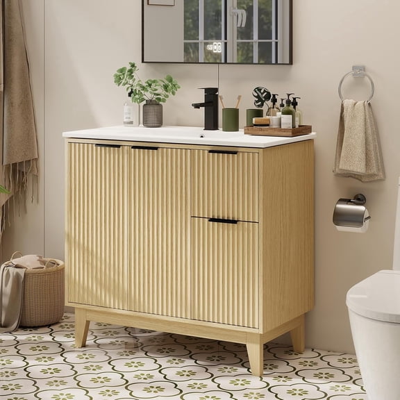 FULLWATT 36" Fluted Bathroom Vanity with Sink Combo, Freestanding Modern Bathroom Storage Vanity Cabinet with 2 Soft Closing Doors & 2 Drawers, Ceramic Sink, Faucet, Drain, Oak