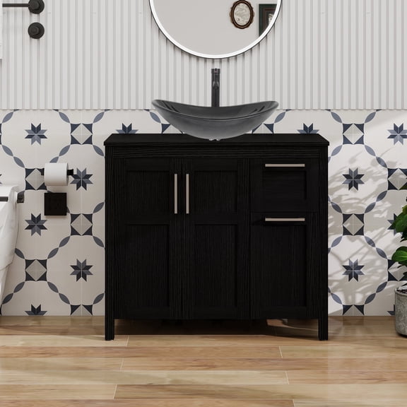 FULLWATT 36 Inches Bathroom Vanity in Black Finish with Glass Boat-Shaped Vessel Sink, Single Bathroom Vanity with Top, 2-Door Cabinet and 2 Drawers