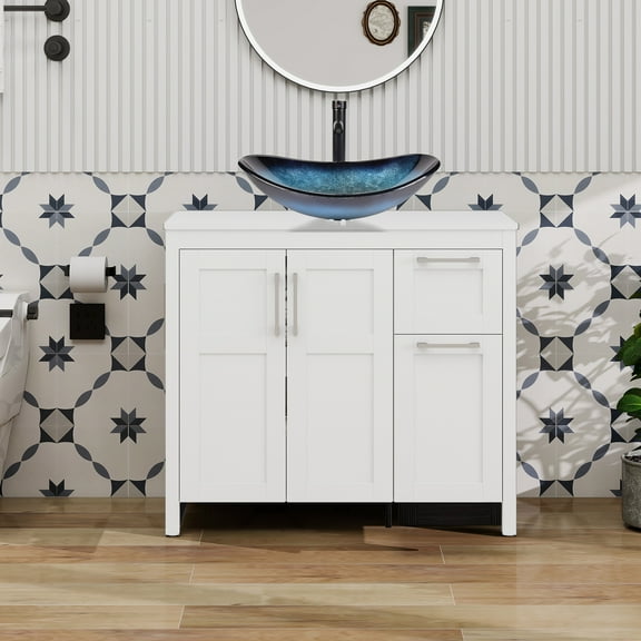 FULLWATT 36 Inches Traditional Bathroom Vanity in White Finish with Glass Boat-Shaped Vessel Sink, Single Bathroom Vanity with Top, 2-Door Cabinet and 2 Drawers