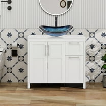 FULLWATT 36 Inches Traditional Bathroom Vanity in White Finish with Glass Boat-Shaped Vessel Sink, Single Bathroom Vanity with Top, 2-Door Cabinet and 2 Drawers