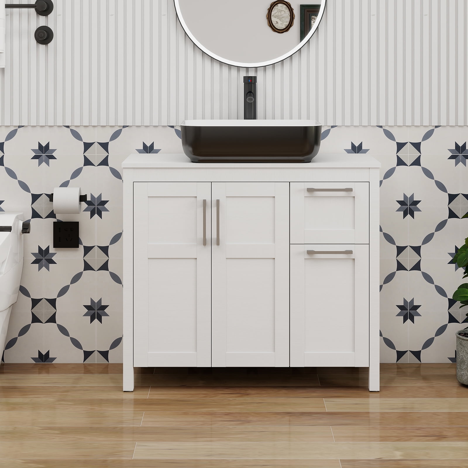 FULLWATT 36 Inches Traditional Bathroom Vanity in White Finish with Square Ceramic Vessel Sink, Single Bathroom Vanity with Top, 2-Door Cabinet and 2 Drawers