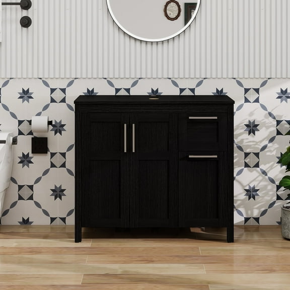 FULLWATT 36 Inches Traditional Bathroom Vanity in Black Finish, Single Bathroom Vanity with Top, 2-Door Cabinet and 2 drawers
