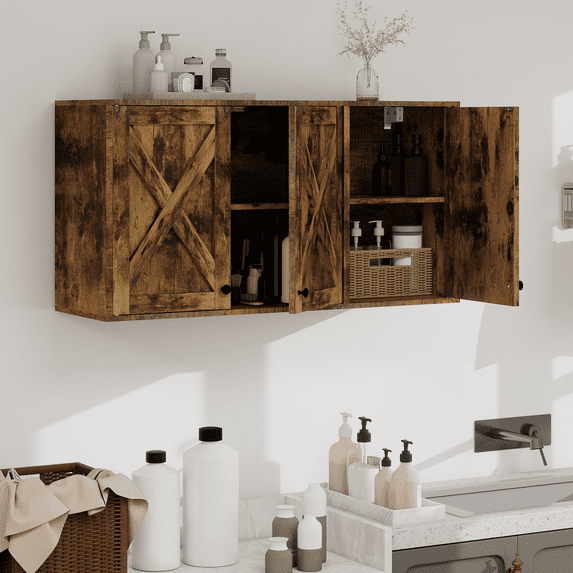 FULLWATT 36" W Laundry Cabinet, Medicine Cabinet, Bathroom Kitchen Storage Wall Mounted Farmhouse Organizer with Shelves Over Toilet, Brown