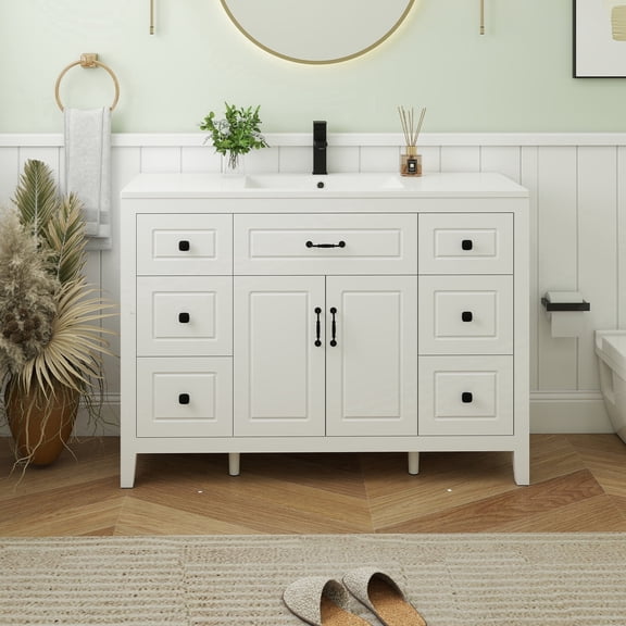 FULLWATT 48 Bathroom Vanity with Sink, Painted Surface Freestanding Vanity Cabinet with 2 Soft-Close Doors, 6 Drawers,Matte Black Faucet Drain,Modern Bathroom Furniture SMC Sink, White