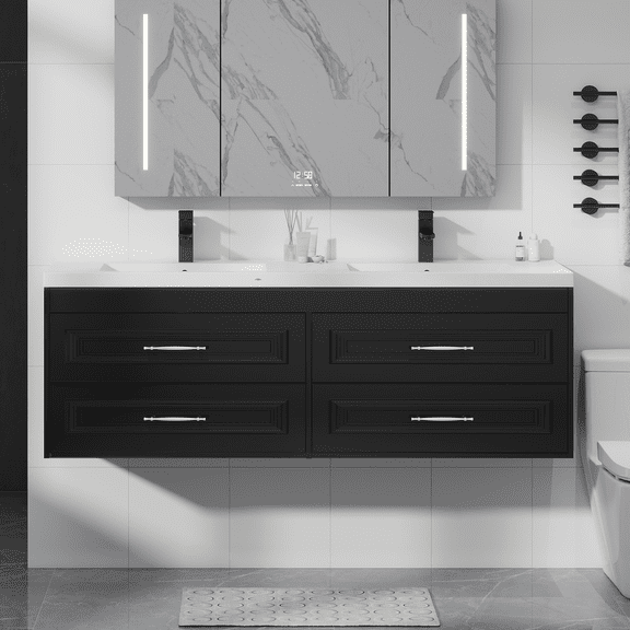 FULLWATT 60" Floating Bathroom Vanity with Sink, Painted Surface Wall Mounted Bathroom Vanity Cabinet, Soft Closing System, SMC Sink, Black