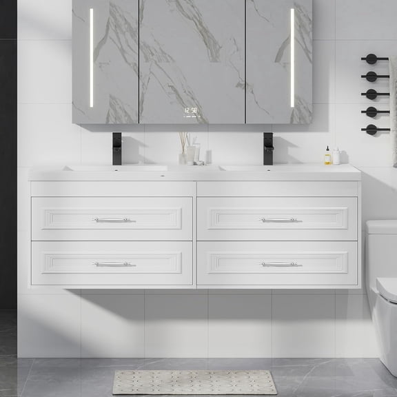 FULLWATT 60" Floating Bathroom Vanity with Sink, Painted Surface Wall Mounted Bathroom Vanity Cabinet, Soft Closing System, SMC Sink, White