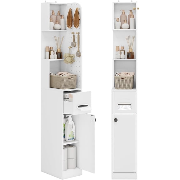 FULLWATT 65" Tall Bathroom Storage Cabinet, Narrow Bathroom Organizer with Pedboard and Adjustable Shelf, Slim Space Saver with Drawer for Living Room, Kithchen, White