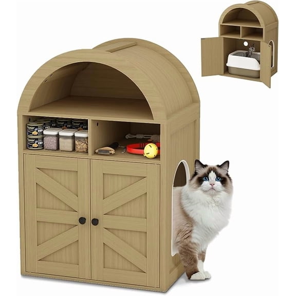 FULLWATT Arched Litter Box Enclosure, Cat Litter Box Furniture Hidden, Cat Washroom Bench Storage Cabinet with Double Doors and Open Shelf for Bedroom, Living Room