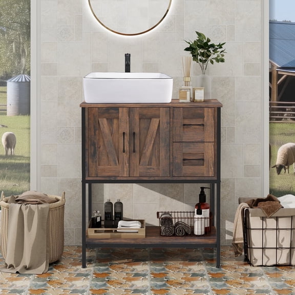 FULLWATT Bathroom Vanity, 30" Rustic Brown Bathroom Vanity with Sink Combo Set, Farmhouse Modern Wood Bathroom Cabinet with Black Ceramic Sink