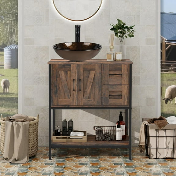 FULLWATT Bathroom Vanity, 30" Rustic Brown Bathroom Vanity with Sink Combo Set, Farmhouse Modern Wood Bathroom Cabinet with Black Ceramic Sink