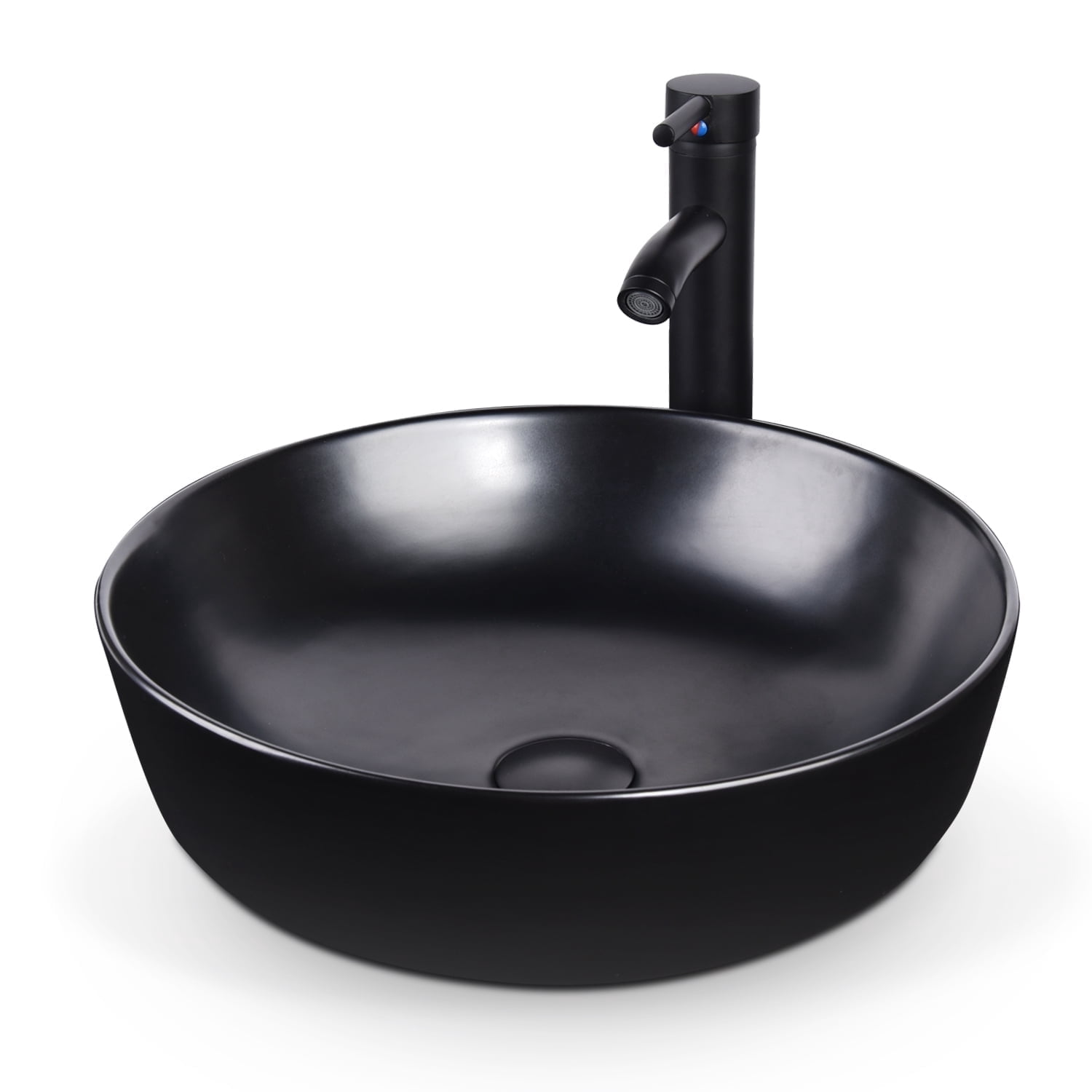 FULLWATT Black Ceramic Bathroom Sink, Above Counter Porcelain Vessel Sink with Black Faucet and Pop up drain Combo, Round