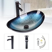 FULLWATT Boat Shape Bathroom Artistic Glass Vessel Sink Free Oil Rubbed Bronze Faucet and Pop-up Drain,Blue