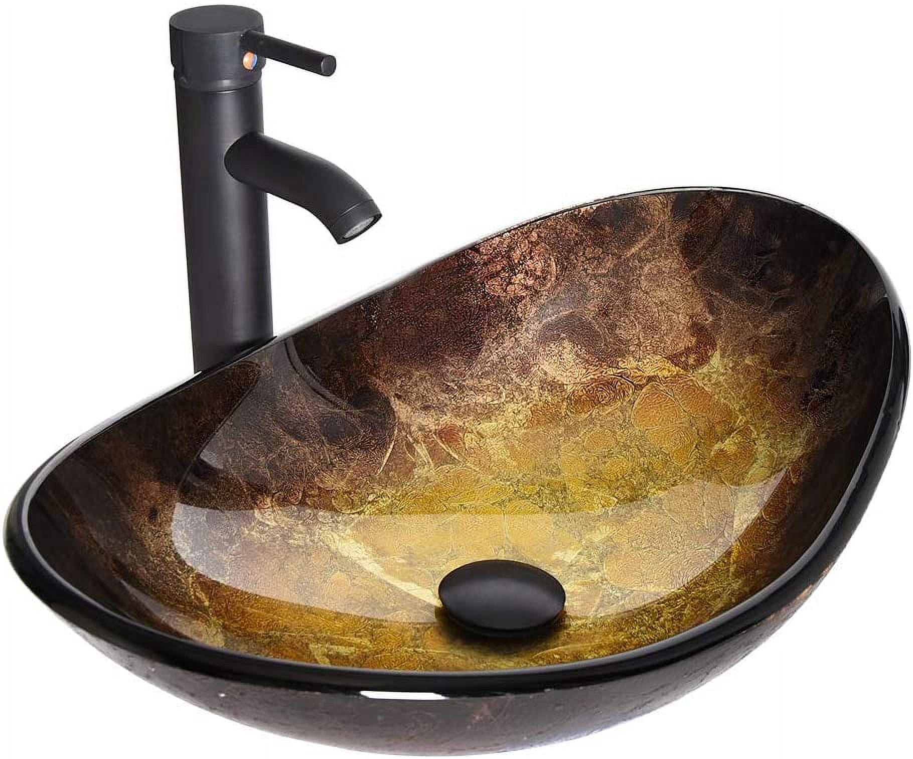 FULLWATT Boat Shape Bathroom Artistic Glass Vessel Sink Free Oil Rubbed Bronze Faucet and Pop-up Drain,Gold