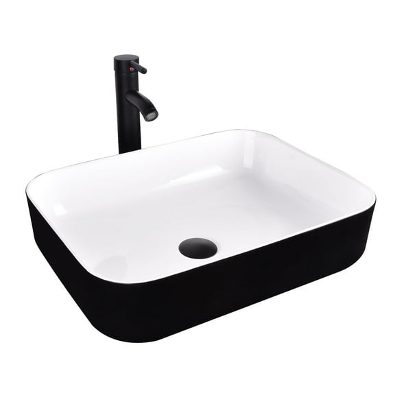 FULLWATT Ceramic Bathroom Vessel Sink with Faucet Combo with Overflow Bowl Square Basin Black and White