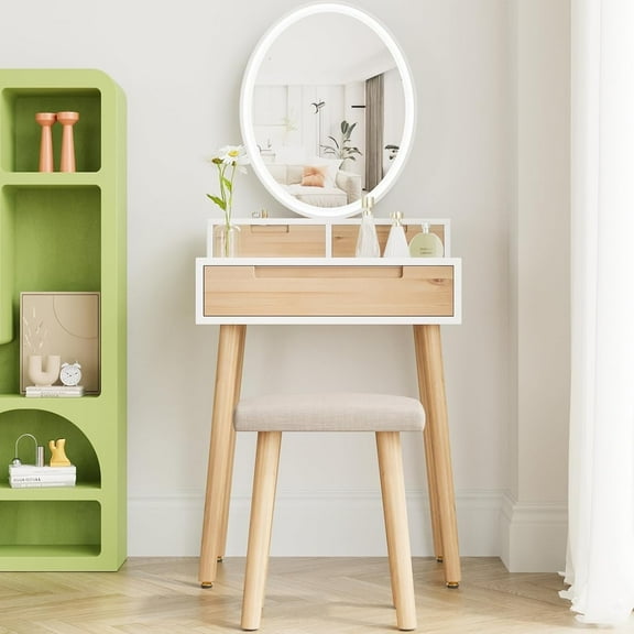 FULLWATT Compact Makeup Vanity Desk with Adjustable Brightness Mirror, Storage Drawers, and Shelves Ideal for Small Spaces with Drawers and Storage Shelves