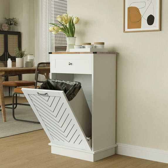 FULLWATT Double Tilt Out Trash Cabinet-Free Standing Kitchen Waste Bin-Wooden Recycling Trash Cabinet with Drawer-White