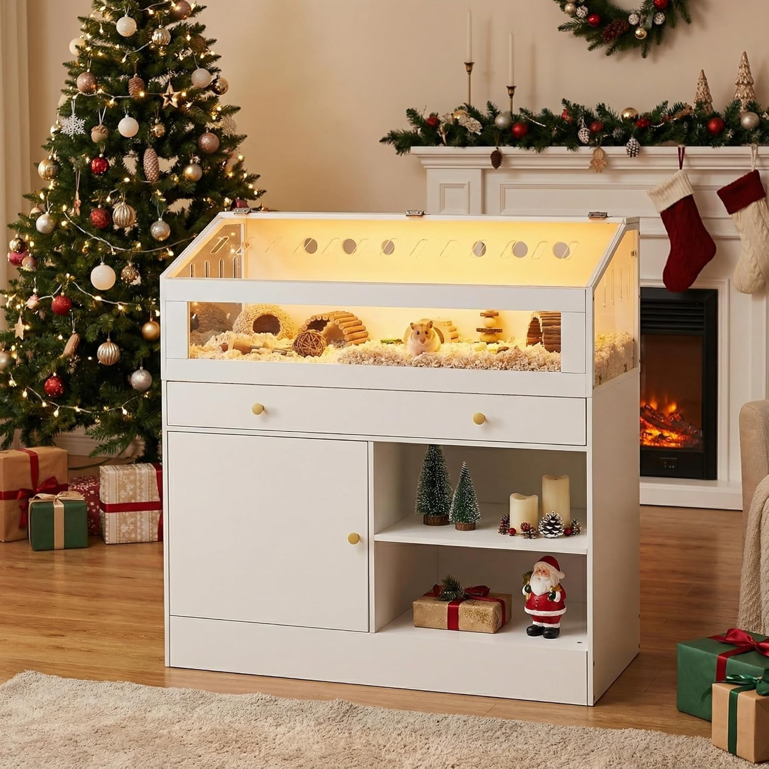 FULLWATT Hamster Cage with Storage Cabinet Small Animal Cage, Easy View Acrylic Panels, Large Habitat for Hamsters, Guinea Pigs, Rabbits, Hedgehogs