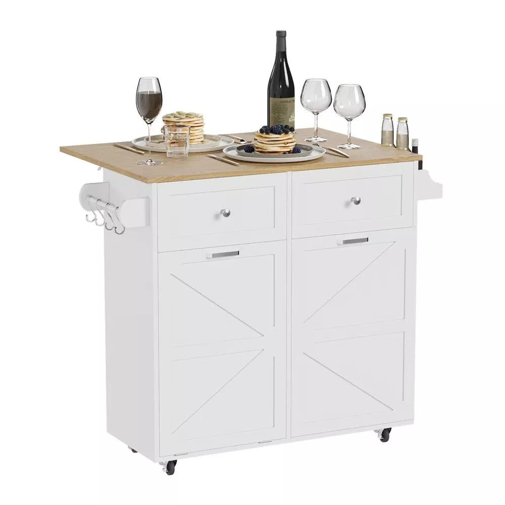 FULLWATT Kitchen Island on Wheels, Rolling Cart with Storage Cabinet, Small Kitchen Island with Drop Leaf and Towel Rack for Dining Room, White