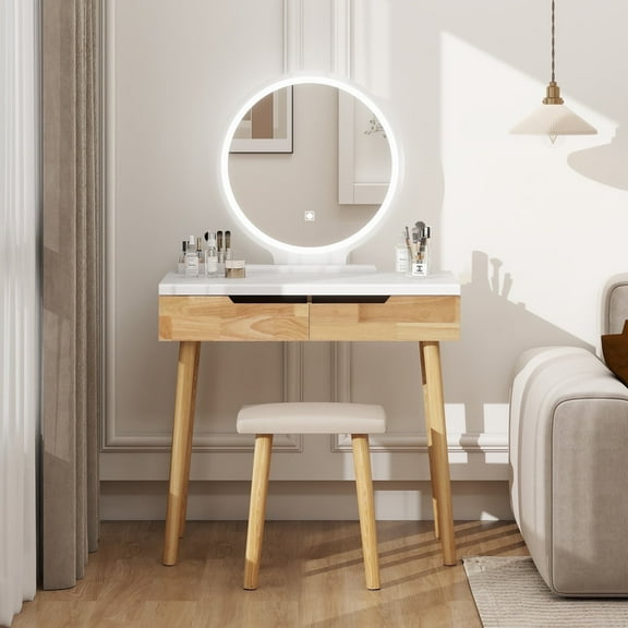 FULLWATT Makeup Vanity Desk with Lights,Small Vanity with Adjustable Brightness Mirror for Samll Spaces,Vanity Desk with Drawers (31.5", Circular Mirror Wood)