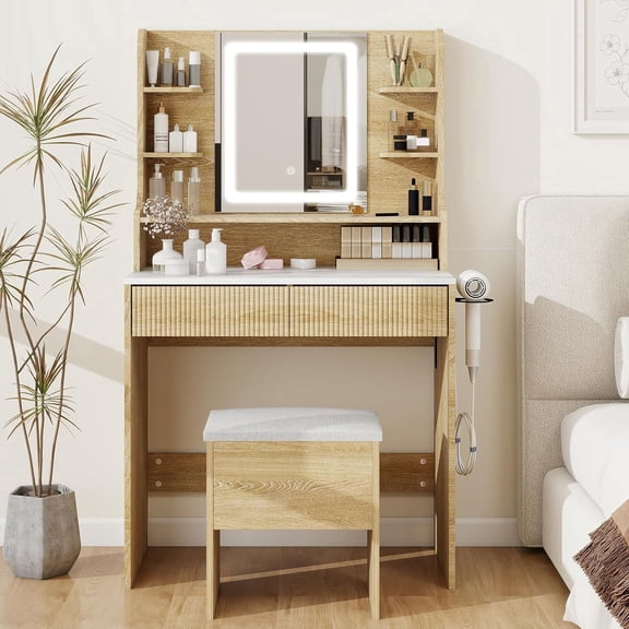 FULLWATT Makeup Vanity Desk with Mirror and Lights, 31.5" Dressing Table with Power Outlet and Storage Stool