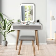 FULLWATT Makeup Vanity Table Set With Square Vanity 3 Color Lights Mirror Cushioned Stool Organizer, Gray