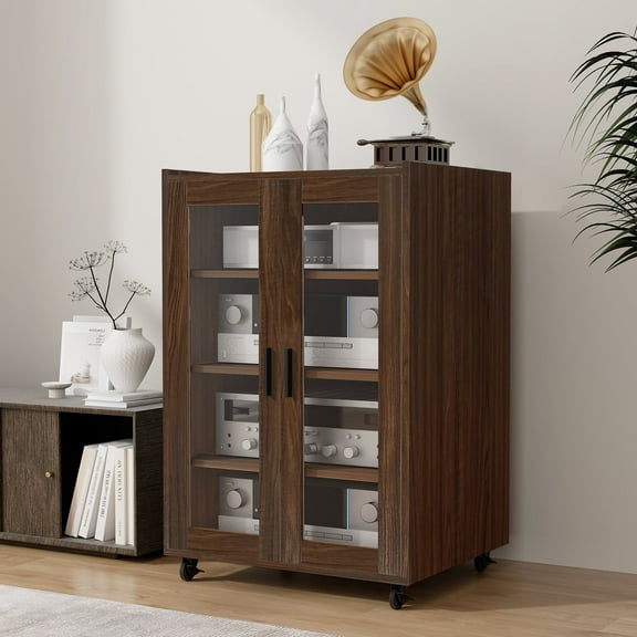 FULLWATT Media Storage Cabinet, Audio-Video Media Stand,Stereo Cabinet with 4 Height-Adjustable Shelves, AV Rack with Glass Doors for Meeting, Living, Recording Room, Black