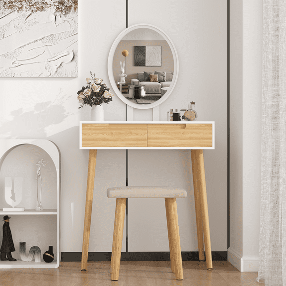 FULLWATT Modern Dressing Table Stool Set Makeup Mirror with LED Lights Storage Organizer