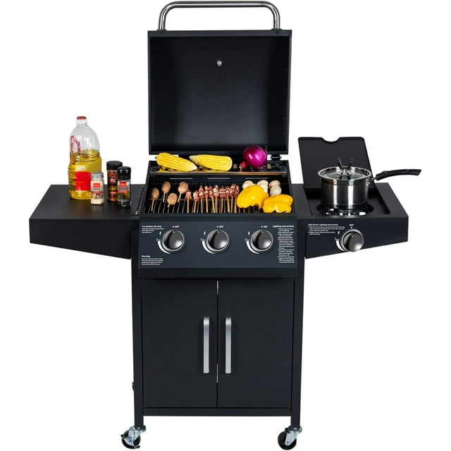 FULLWATT Propane Gas Grill, Stainless Steel Liquid Propane Gas Grill with Side Burner, Cabinet Style BBQ Grill Gas for Outdoor, Patio, Garden (3 BURNER)