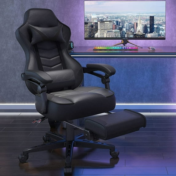 FULLWATT Racing Style Reclining Gaming Chair High Back Large Size Ergonomic Adjustable Swivel Computer Chair with Footrest Headrest and Lumbar Support PU Leather Executive Office Chair (Black)