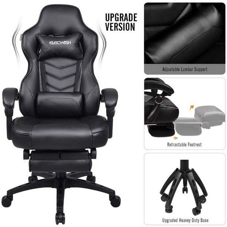 Elecwish Reclining Video Gaming Chair - Computer Gaming Chair with  Footrest, Lumbar Suppport Neck Pillow, PU Leather