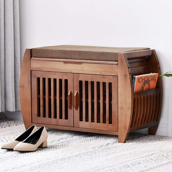 FULLWATT Shoe Storage Bench & Bamboo Shoe Bench & Shoe Rack Cabinet Storage Benches, Entryway Storage Organizer for Style & Comfort, Detachable Cushion with Hidden Storage Compartment