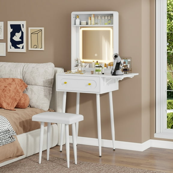 FULLWATT Small Vanity Desk with Mirror and Lights,Makeup Vanity Table with Chair and Drawers for Small Space, Compact Dressing Table with Sliding Door for Bedroom,White