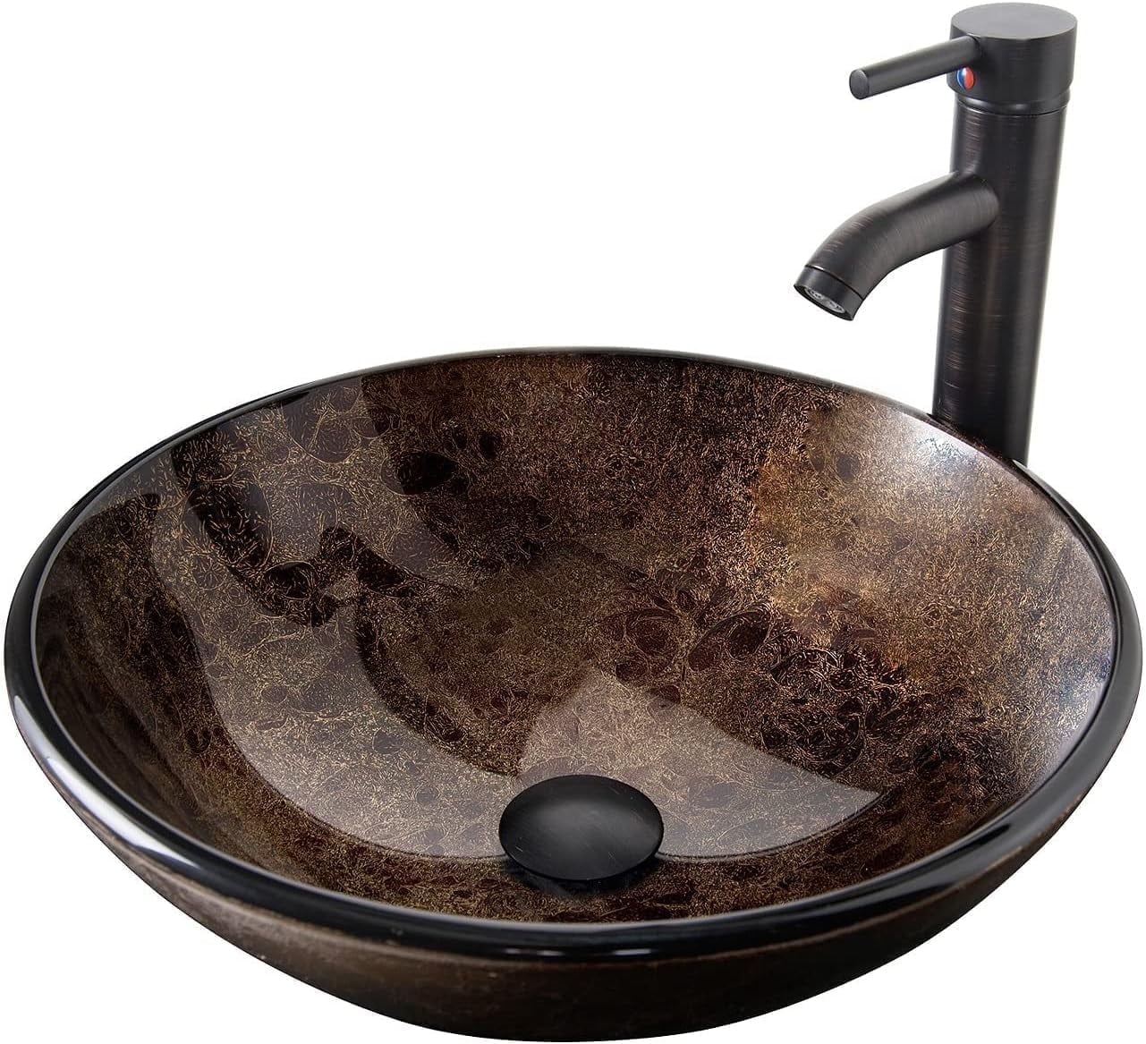 FULLWATT Tempered Glass Container Sink Vanity Bowl Chrome Faucet Pop Up Drain Clear