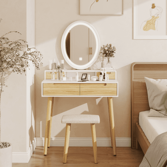 FULLWATT Vanity Desk Set With Mirror And Light, Small Vanity Table With Drawers