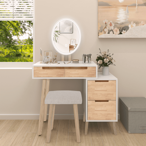 FULLWATT Vanity Desk With 3 Adjustable Lighting Modes Mirror, With 4 Drawers & Cushioned Stool,Adjustable Storage Cabinet
