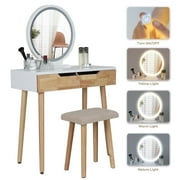 FULLWATT Vanity Table Set with 3 Modes Adjustable Brightness Mirror and Cushioned Stool, Dressing Table Vanity Makeup Table with Free Make-up Organizer