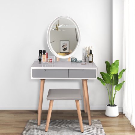 FULLWATT Vanity Table Set with Adjustable Brightness Mirror Cushioned Stool, Dressing Table Vanity Makeup Table with Free Make-up Organizer